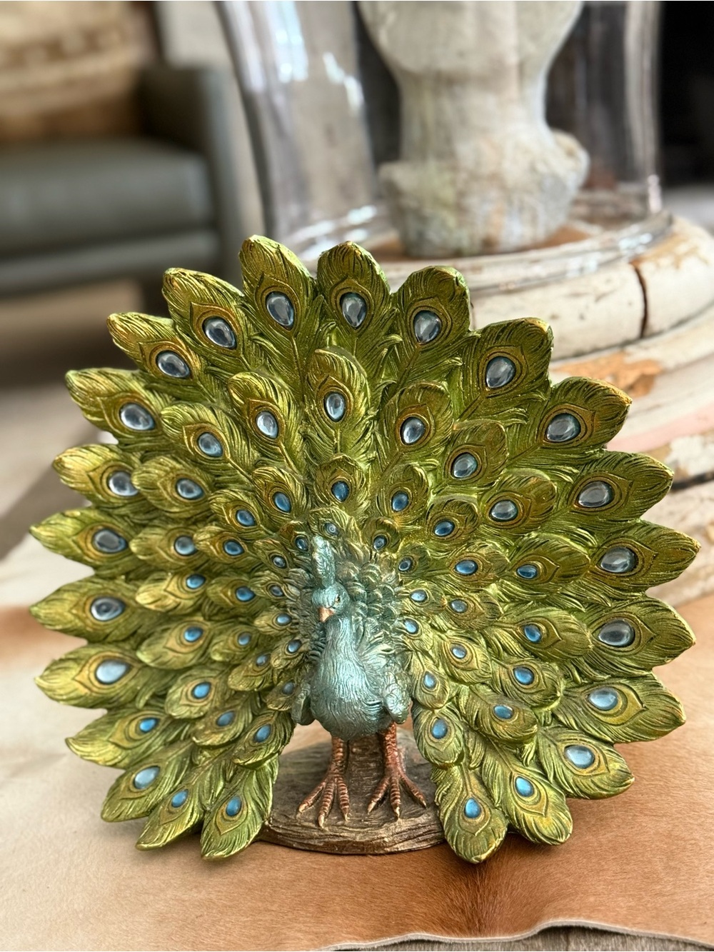 Decorative Peacock Figurine in Green and Teal